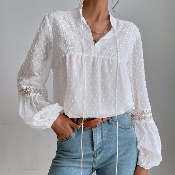 Boho White Swiss Dot Tassel Neck Tie Top - Picture 5 of 7